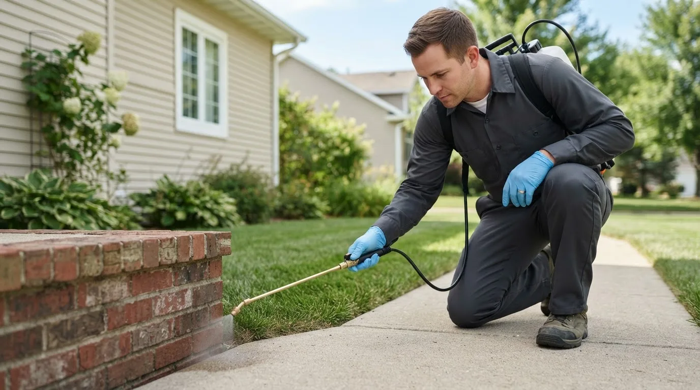Pest control technician treating a home near Avon, OH