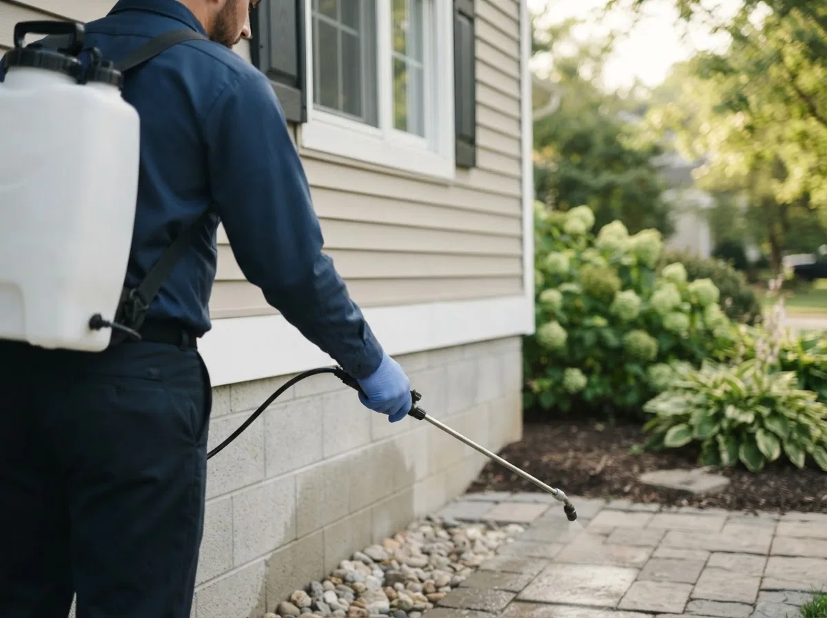 Pest control technician inspecting a home in Avon, OH